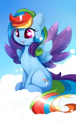 Size: 1250x2000 | Tagged: safe, artist:madacon, derpibooru import, rainbow dash, pegasus, pony, chest fluff, cloud, cute, cutie mark, dashabetes, female, hooves, mare, on a cloud, sitting, sitting on cloud, smiling, solo, sparkles, spread wings, starry eyes, wingding eyes, wings