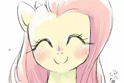 Size: 1800x1200 | Tagged: safe, artist:yanamosuda, derpibooru import, fluttershy, pegasus, pony, blushing, bust, cute, eyes closed, female, portrait, shyabetes, signature, simple background, smiling, solo, white background