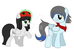 Size: 1024x683 | Tagged: safe, artist:izaackpony, derpibooru import, oc, oc:emi, oc:hinata, unofficial characters only, pegasus, pony, female, hat, male, mare, simple background, stallion, transparent background, vector, watermark