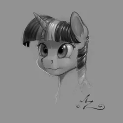 Size: 1200x1200 | Tagged: safe, artist:amarynceus, deleted from derpibooru, derpibooru import, twilight sparkle, pony, bust, ear fluff, female, gray background, grayscale, mare, monochrome, portrait, signature, simple background, solo