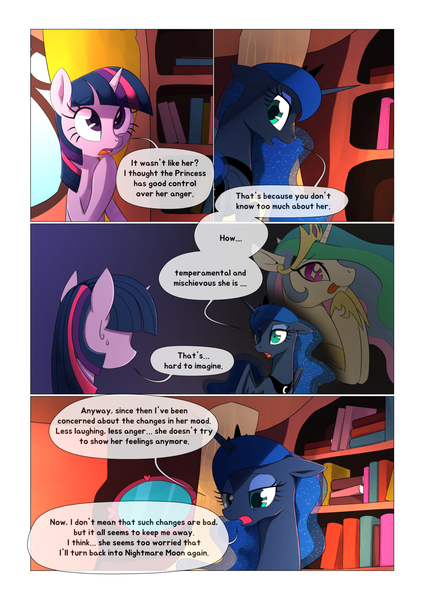 Size: 1024x1448 | Tagged: safe, artist:gashiboka, derpibooru import, princess celestia, princess luna, twilight sparkle, alicorn, pony, unicorn, comic:scar of solar, book, bookshelf, comic, dialogue, female, flashback, golden oaks library, mare, sweat