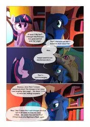 Size: 1024x1448 | Tagged: safe, artist:gashiboka, derpibooru import, princess celestia, princess luna, twilight sparkle, alicorn, pony, unicorn, comic:scar of solar, book, bookshelf, comic, dialogue, female, flashback, golden oaks library, mare, sweat