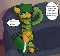 Size: 2500x2314 | Tagged: safe, artist:lockheart, derpibooru import, oc, oc:blocky bits, pony, snake, belly button, coils, couch, dialogue, hypnosis, kaa eyes, sitting, swirly eyes