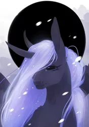 Size: 800x1137 | Tagged: artist:riressa, cloud, curved horn, derpibooru import, female, mare, new moon, nightmare moon, safe, snow, snowfall, solo