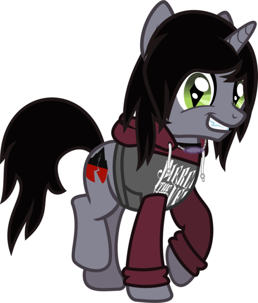 Size: 1041x1224 | Tagged: safe, artist:lightningbolt, derpibooru import, ponified, ponified:kellin quinn, pony, unicorn, .svg available, clothes, disguise, disguised siren, fangs, grin, hair over one eye, hoodie, horn, jewelry, looking at you, male, necklace, open mouth, pierce the veil, shirt, simple background, sleeping with sirens, slit eyes, smiling, solo, stallion, svg, teeth, transparent background, undershirt, vector