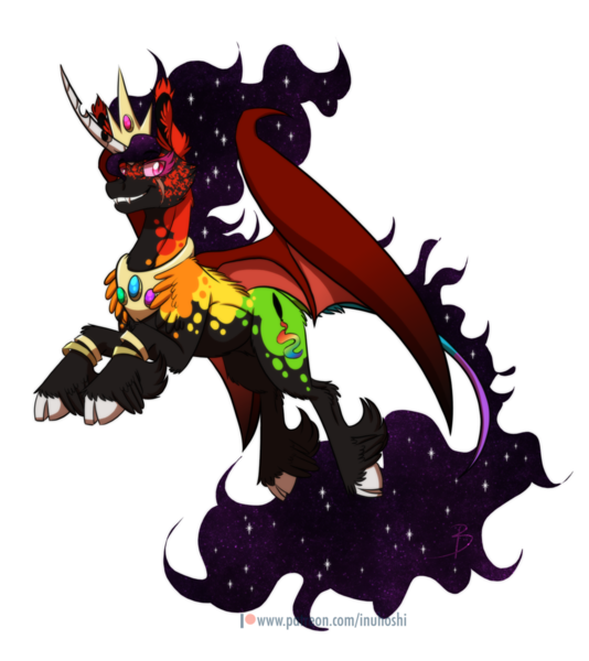 Size: 1024x1150 | Tagged: safe, artist:inuhoshi-to-darkpen, derpibooru import, oc, oc:paint splash, unofficial characters only, alicorn, bat pony, bat pony alicorn, pony, alicorn oc, cloven hooves, cracked horn, curved horn, digital art, ethereal mane, eye scar, fangs, feathered fetlocks, female, jewelry, leg rings, leonine tail, mare, peytral, realistic horse legs, scar, signature, simple background, solo, starry mane, stylistic suck, tiara, transparent background, unshorn fetlocks
