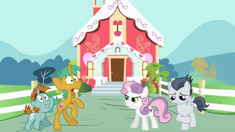 Size: 1395x785 | Tagged: safe, artist:jawsandgumballfan24, derpibooru import, rumble, snails, snips, sweetie belle, pegasus, pony, unicorn, angry, colt, cute, defending, female, filly, implied fight, male, ponyville schoolhouse, rumbelle, sad, scared, shipping, shocked, spread wings, straight, this will end in a fight, wings