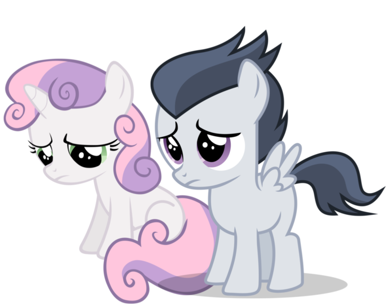 Size: 1168x923 | Tagged: safe, artist:jawsandgumballfan24, derpibooru import, rumble, sweetie belle, pegasus, pony, unicorn, colt, comforting, cute, diasweetes, female, filly, male, rumbelle, rumblebetes, sad, shipping, simple background, spread wings, straight, transparent background, vector, wings