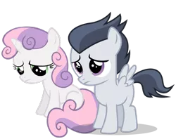 Size: 1168x923 | Tagged: safe, artist:jawsandgumballfan24, derpibooru import, rumble, sweetie belle, pegasus, pony, unicorn, colt, comforting, cute, diasweetes, female, filly, male, rumbelle, rumblebetes, sad, shipping, simple background, spread wings, straight, transparent background, vector, wings