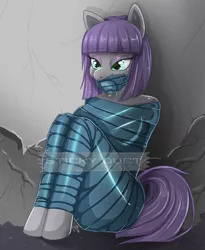 Size: 2300x2800 | Tagged: anthro, artist:stickyduct, bondage, breasts, derpibooru import, duct tape, female, gag, looking at you, maud pie, mummification, mummified, sitting, solo, solo female, suggestive, tape bondage, tape gag, unguligrade anthro, watermark