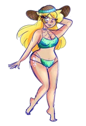 Size: 2776x4032 | Tagged: artist:cubbybatdoodles, bikini, clothes, colored sketch, cutie mark on human, derpibooru import, derpy hooves, ditzy doo, female, hat, human, humanized, one eye closed, safe, simple background, sketch, solo, sun hat, swimsuit, transparent background
