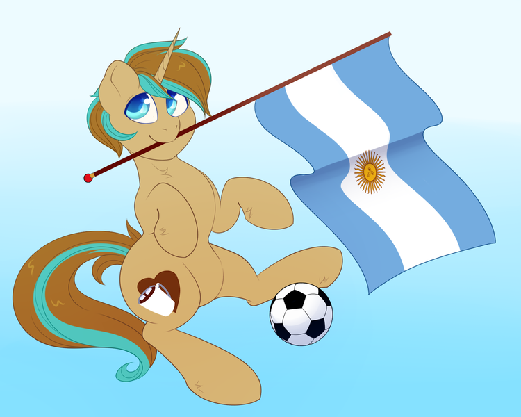 Size: 1500x1200 | Tagged: safe, artist:floretle, derpibooru import, oc, oc:demi, unofficial characters only, unicorn, argentina, flag, football, futbol, gradient background, male, solo, sports, world cup, ych result