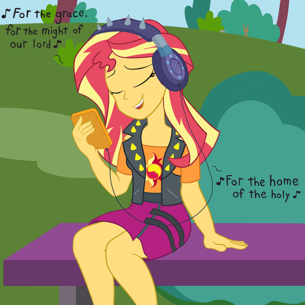 Size: 1500x1500 | Tagged: safe, artist:scraggleman, derpibooru import, sunset shimmer, equestria girls, equestria girls series, bush, christian sunset shimmer, christianity, eyes closed, headphones, lyrics, metal, phone, religious headcanon, religious music, sabaton, singing, sitting, solo, song in the description, song reference, text, the last stand, tree