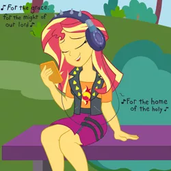 Size: 1500x1500 | Tagged: safe, artist:scraggleman, derpibooru import, sunset shimmer, equestria girls, equestria girls series, bush, christian sunset shimmer, christianity, eyes closed, headphones, lyrics, metal, phone, religious headcanon, religious music, sabaton, singing, sitting, solo, song in the description, song reference, text, the last stand, tree