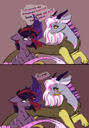 Size: 664x954 | Tagged: safe, artist:vovanpetuh, derpibooru import, oc, oc:pandora, oc:principessa, unofficial characters only, draconequus, hybrid, unicorn, pandoraverse, ..., comic, dialogue, draconequus oc, duo, female, half-siblings, interdimensional siblings, interspecies offspring, long tongue, mare, next generation, offspring, parent:discord, parent:twilight sparkle, parent:unknown, parents:discolight, scar, sisters, tongue out