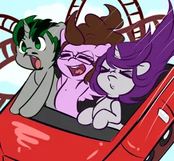 Size: 4413x4101 | Tagged: safe, artist:wickedsilly, derpibooru import, oc, oc:ivy rose, oc:logic loop, oc:wicked silly, unofficial characters only, pony, unicorn, absurd resolution, cute, facial hair, female, glasses, male, mare, ocbetes, roller coaster, stallion