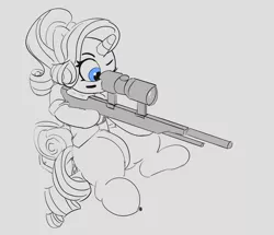 Size: 2796x2402 | Tagged: safe, artist:pabbley, derpibooru import, rarity, pony, unicorn, camper, camping, female, gun, hooves, horn, mare, monochrome, neo noir, one eye closed, optical sight, partial color, rifle, signature, simple background, sitting, sniper rifle, solo, weapon