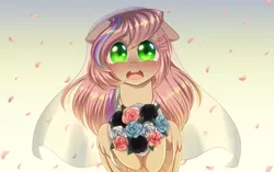 Size: 2301x1447 | Tagged: artist:verawitch, bouquet, derpibooru import, floppy ears, flower, oc, oc:sweet skies, safe, solo, unofficial characters only