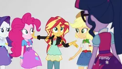 Size: 1280x720 | Tagged: safe, derpibooru import, screencap, applejack, pinkie pie, rarity, sci-twi, sunset shimmer, twilight sparkle, equestria girls, mirror magic, spoiler:eqg specials, geode of empathy, geode of shielding, geode of sugar bombs, geode of super strength, glow, hand on face, mirror world