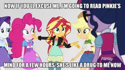 Size: 1280x720 | Tagged: safe, derpibooru import, edit, edited screencap, screencap, applejack, pinkie pie, rarity, sci-twi, sunset shimmer, twilight sparkle, equestria girls, mirror magic, spoiler:eqg specials, addiction, drugs, geode of empathy, geode of shielding, geode of sugar bombs, geode of super strength, glow, hand on face, image macro, meme, mirror world