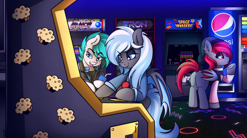 Size: 3840x2160 | Tagged: safe, artist:ciderpunk, derpibooru import, oc, oc:chiptune, oc:moonlight melody, oc:passionfruit, unofficial characters only, bat pony, pony, arcade, arcade machine, arkanoid, bat pony oc, butt, food, games, muffin, pepsi, playing, playing games, plot, soda, space invaders, taito, tron