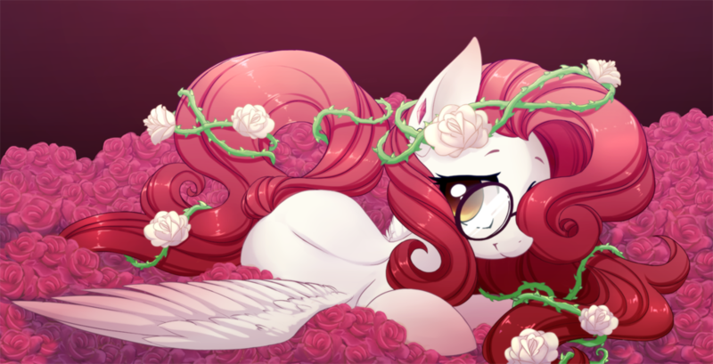 Size: 1024x524 | Tagged: safe, artist:starshinebeast, derpibooru import, oc, oc:rose diamond, unofficial characters only, pegasus, pony, bed of roses, female, flower, flower in hair, flower in tail, glasses, mare, smiling, solo, spread wings, thorns, wings