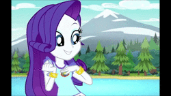 Size: 1280x720 | Tagged: safe, derpibooru import, edit, screencap, rarity, equestria girls, legend of everfree, animated, camp everfree, camp everfree logo, camp everfree outfits, cute, dancing, dancity, female, forest, lidded eyes, mountain, mountain range, music, raribetes, river, solo, sound, webm