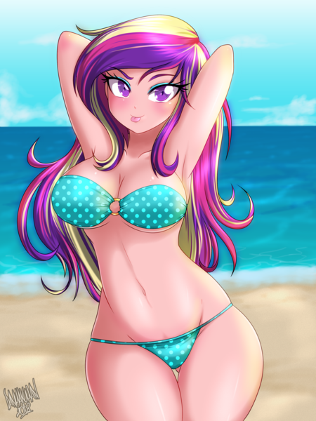 Size: 2625x3500 | Tagged: suggestive, artist:danmakuman, derpibooru import, princess cadance, human, equestria girls, arm behind head, armpits, bandeau, beach, big breasts, bikini, blue swimsuit, breasts, busty princess cadance, cleavage, clothes, curvy, dean cadance, eyelashes, female, hair, high res, hourglass figure, humanized, looking at you, milf, mother, multicolored hair, o-ring swimsuit, ocean, polka dot swimsuit, purple eyes, sand, sexy, signature, solo, solo female, stupid sexy princess cadance, swimsuit, thigh gap, thighs, tongue out, underass, wide hips