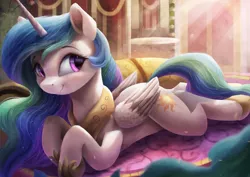 Size: 3600x2550 | Tagged: safe, artist:vanillaghosties, derpibooru import, princess celestia, alicorn, pony, beautiful, celestia day, crepuscular rays, cute, cutelestia, female, looking at you, lying down, mare, prone, regal, smiling, solo, sploot