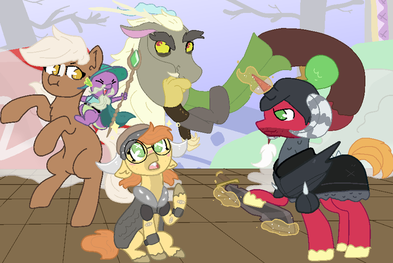 Size: 940x630 | Tagged: safe, artist:nootaz, derpibooru import, big macintosh, discord, spike, oc, oc:dee twenty, dragon, pony, unicorn, captain wuzz, commission, dragons riding ponies, dungeons and dragons, epona, garbuncle, ogres and oubliettes, race swap, rearing, riding, sir mcbiggen, the legend of zelda, unicorn big mac