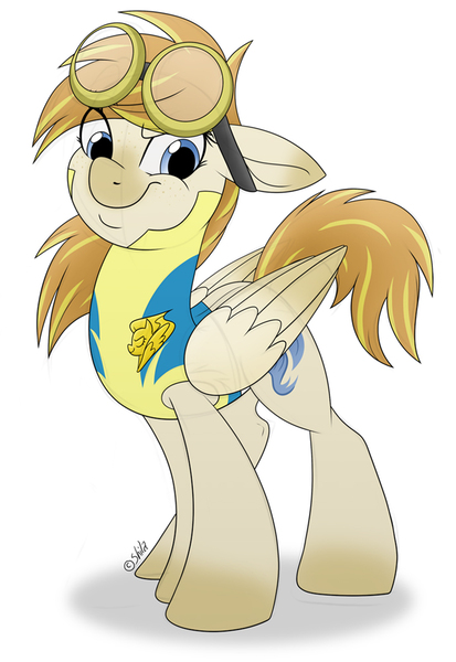 Size: 689x1000 | Tagged: safe, artist:littlehybridshila, derpibooru import, oc, oc:summer gale, unofficial characters only, pegasus, pony, clothes, commission, digital art, female, goggles, mare, simple background, solo, uniform, white background, wonderbolt trainee uniform, wonderbolts