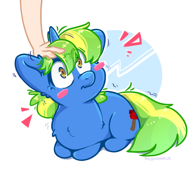 Size: 1800x1600 | Tagged: source needed, useless source url, safe, artist:dreamcharlie, derpibooru import, oc, oc:speed, unicorn, blushing, chest fluff, cute, cutie mark, ear fluff, fluffy, hand, horn, petting, ponyloaf, solo, surprised, ych result