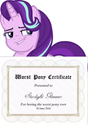 Size: 750x1062 | Tagged: safe, derpibooru import, edit, starlight glimmer, unicorn, abuse, background pony strikes again, blackletter, certificate, drama, glimmerbuse, misspelling, simple background, smug, starlight drama, transparent background, worst pony