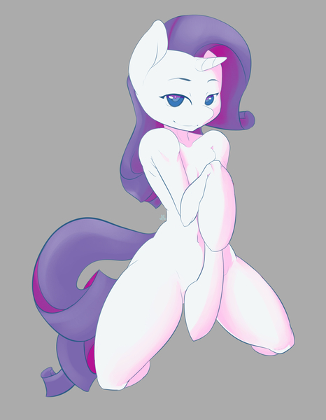 Size: 5643x7263 | Tagged: absurd resolution, artist:osseda, belly button, derpibooru import, female, gray background, kneeling, looking at you, rarity, semi-anthro, simple background, solo, solo female, suggestive