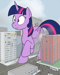 Size: 1330x1672 | Tagged: safe, artist:rapidstrike, derpibooru import, twilight sparkle, twilight sparkle (alicorn), alicorn, human, pony, butt bump, destruction, female, giant pony, loss (meme), macro, mega twilight sparkle, oops, people, raised hoof, solo, tight fit, we couldn't fit it all in, whoops