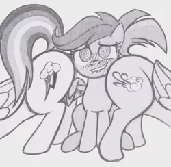 Size: 1088x1063 | Tagged: suggestive, artist:lockerobster, derpibooru import, rainbow dash, scootaloo, windy whistles, pegasus, pony, blushing, butt bump, female, filly, grinding, implied foalcon, lesbian, mare, monochrome, plot, plot sandwich, raised tail, scootadash, scootalove, shipping, spread wings, tail, tail lift, teasing, traditional art, windyloo, wingboner, wings