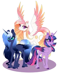 Size: 2481x3142 | Tagged: safe, alternate version, artist:peridotkitty, derpibooru import, princess celestia, princess luna, twilight sparkle, twilight sparkle (alicorn), alicorn, pony, alternate color palette, colored hooves, colored wings, colored wingtips, ear fluff, ethereal mane, female, gradient wings, mare, multicolored wings, royal sisters, simple background, spread wings, starry mane, transparent background, trio, unshorn fetlocks, wings