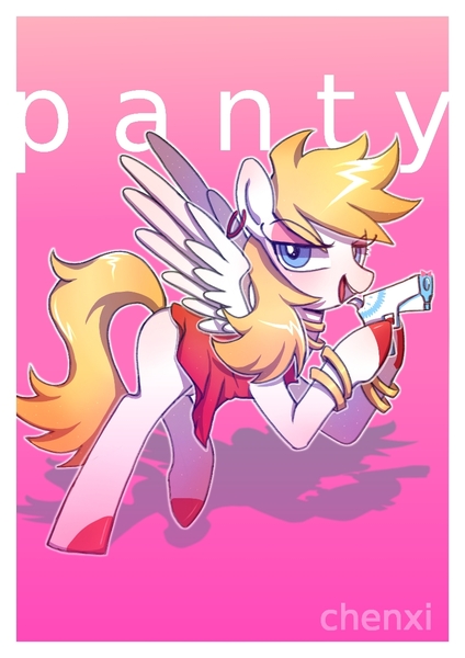 Size: 826x1169 | Tagged: safe, artist:chenxi, derpibooru import, ponified, pegasus, pony, anarchy panty, bracelet, clothes, dress, ear piercing, earring, female, gun, jewelry, mare, panty and stocking with garterbelt, piercing, solo, weapon