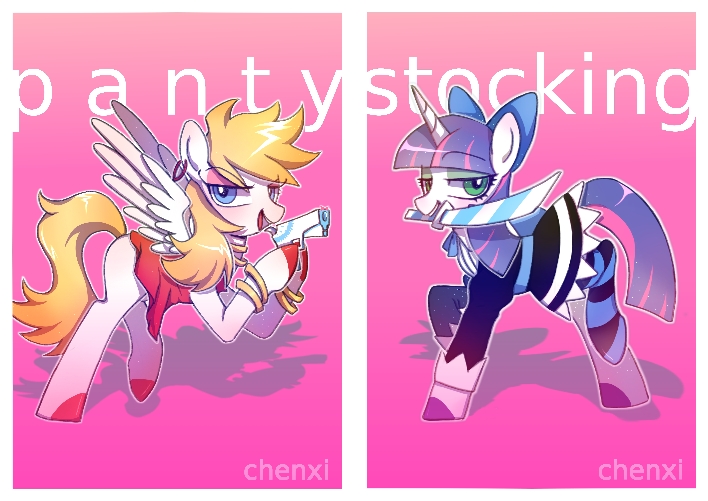 Size: 708x501 | Tagged: safe, artist:chenxi, derpibooru import, ponified, pegasus, pony, unicorn, anarchy panty, anarchy stocking, bow, bracelet, clothes, dress, duo, ear piercing, earring, female, gun, jewelry, mare, panty and stocking with garterbelt, piercing, skirt, stockings, sword, thigh highs, weapon