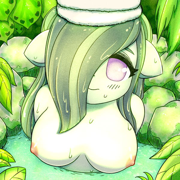 Size: 1929x1929 | Tagged: questionable, artist:sigpi, derpibooru import, marble pie, anthro, earth pony, blushing, breasts, exposed breasts, female, hat, looking at you, mare, nipples, nudity, solo, solo female, water droplet, wet