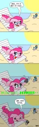 Size: 1000x3200 | Tagged: safe, artist:bjdazzle, derpibooru import, pinkie pie, rainbow dash, earth pony, pegasus, pony, beach, breaking the fourth wall, chair, comic, eyes closed, female, hammerspace hair, hot, lounging, lying down, mare, pinkie being pinkie, pinkie physics, prehensile mane, question mark, reclining, relaxing, remote control, sun, sunglasses, sweat, tanning mirror, television