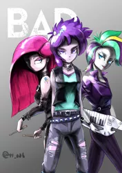 Size: 2893x4092 | Tagged: safe, artist:oberon826, derpibooru import, pinkie pie, rarity, starlight glimmer, equestria girls, alternate hairstyle, belt, clothes, drumsticks, female, gradient background, jacket, jeans, keytar, leather jacket, looking at you, musical instrument, pants, pinkamena diane pie, punk, raripunk, ripped jeans, trio