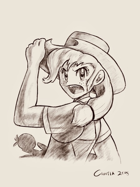 Size: 3072x4096 | Tagged: applejack, artist:cigitia, clothes, commission, cowboy hat, derpibooru import, freckles, hat, human, humanized, open mouth, pencil drawing, safe, solo, stetson, traditional art