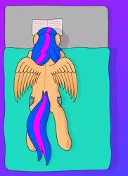 Size: 5088x7000 | Tagged: suggestive, artist:northern-frost, derpibooru import, oc, oc:starlight shimmer, pegasus, pony, absurd resolution, bed, book, both cutie marks, reading, solo, top down, vaginal secretion stain, vaginal secretions