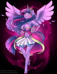 Size: 686x900 | Tagged: alicorn, anthro, artist:draltruist, ascension enhancement, big breasts, big crown thingy, blushing, breast expansion, breasts, busty twilight sparkle, cleavage, clothes, commission, crown, derpibooru import, dress, female, growth, high heels, jewelry, part of a series, part of a set, plantigrade anthro, regalia, shoes, solo, solo female, suggestive, torn clothes, transformation, twilight sparkle, twilight sparkle (alicorn), ultimate twilight