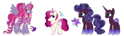 Size: 3588x1065 | Tagged: safe, artist:unicorn-mutual, derpibooru import, oc, unofficial characters only, alicorn, pegasus, pony, unicorn, female, magical lesbian spawn, mare, offspring, parent:cherry jubilee, parent:princess cadance, parent:princess luna, parent:saffron masala, parent:scarlet heart, simple background, transparent background