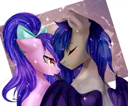 Size: 3000x2500 | Tagged: safe, artist:silvia-zero, derpibooru import, oc, oc:avici flower, oc:lunar frost, unofficial characters only, bat pony, unicorn, avifrost, bat pony oc, bow, crying, female, frostinglyladale, male, mare, married couple, sad, stallion, ych result