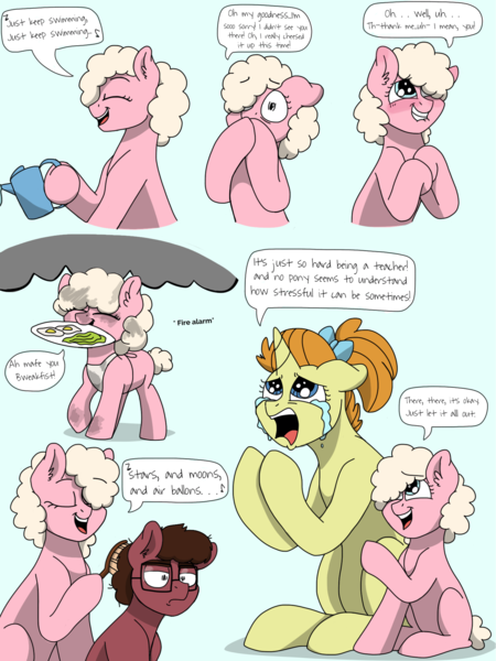 Size: 1537x2048 | Tagged: artist:pastel-charms, brushie, colt, crying, derpibooru import, female, filly, glasses, male, mare, oc, oc:rock candy, oc:taffy twirl, offspring, older, parent:cheese sandwich, parent:pinkie pie, parents:cheesepie, pumpkin cake, safe, watering can