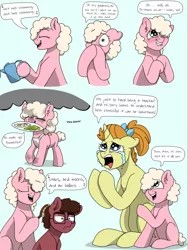 Size: 1537x2048 | Tagged: artist:pastel-charms, brushie, colt, crying, derpibooru import, female, filly, glasses, male, mare, oc, oc:rock candy, oc:taffy twirl, offspring, older, parent:cheese sandwich, parent:pinkie pie, parents:cheesepie, pumpkin cake, safe, watering can