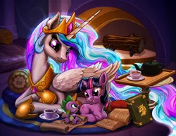 Size: 1400x1082 | Tagged: safe, artist:harwick, derpibooru import, princess celestia, spike, twilight sparkle, alicorn, dragon, pony, unicorn, baby, baby dragon, book, castle, color porn, crown, cup, cute, cutelestia, feather, female, filly, filly twilight sparkle, fireplace, food, jewelry, log, looking at each other, male, mare, momlestia, open book, open mouth, quill, regalia, scroll, smiling, spikabetes, tea, teacup, teapot, twiabetes, unicorn twilight, wood, younger